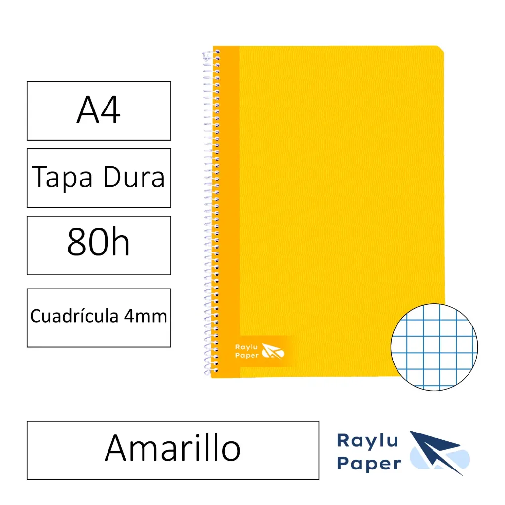 [004001] BLOC ESPIRAL A4 80h 70gr CUADRO 4x4 TAPA DURA AMARILLO