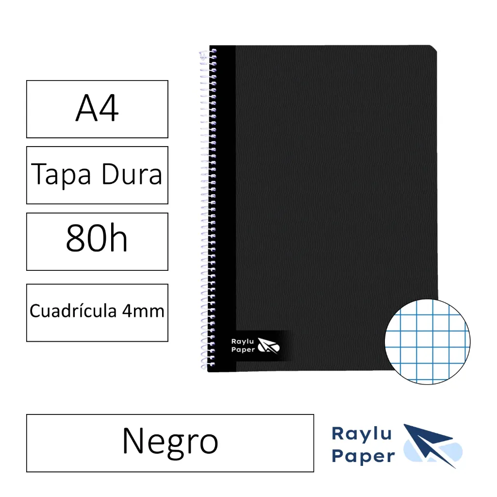 [004005] BLOC ESPIRAL A4 80h 70gr CUADRO 4x4 TAPA DURA NEGRO