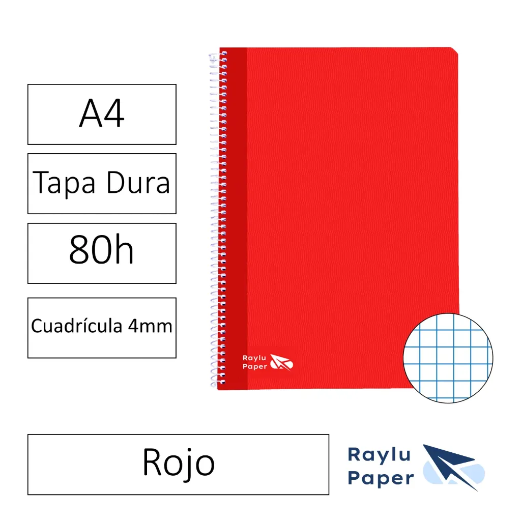 [004003] BLOC ESPIRAL A4 80h 70gr CUADRO 4x4 TAPA DURA ROJO