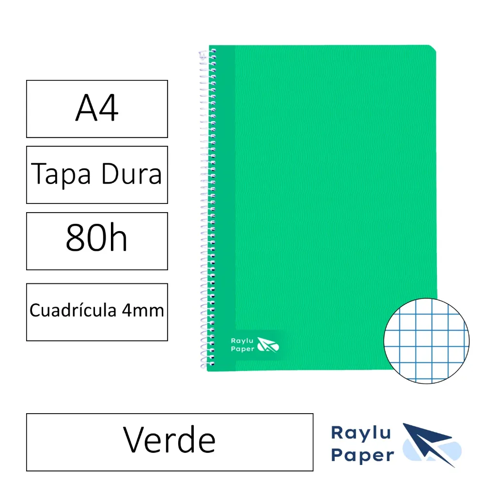 [004004] BLOC ESPIRAL A4 80h 70gr CUADRO 4x4 TAPA DURA VERDE