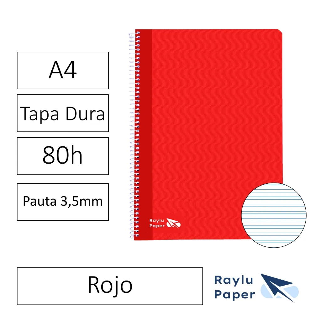 [004015] BLOC ESPIRAL A4 80h 70gr PAUTA 3,5 TAPA DURA ROJO