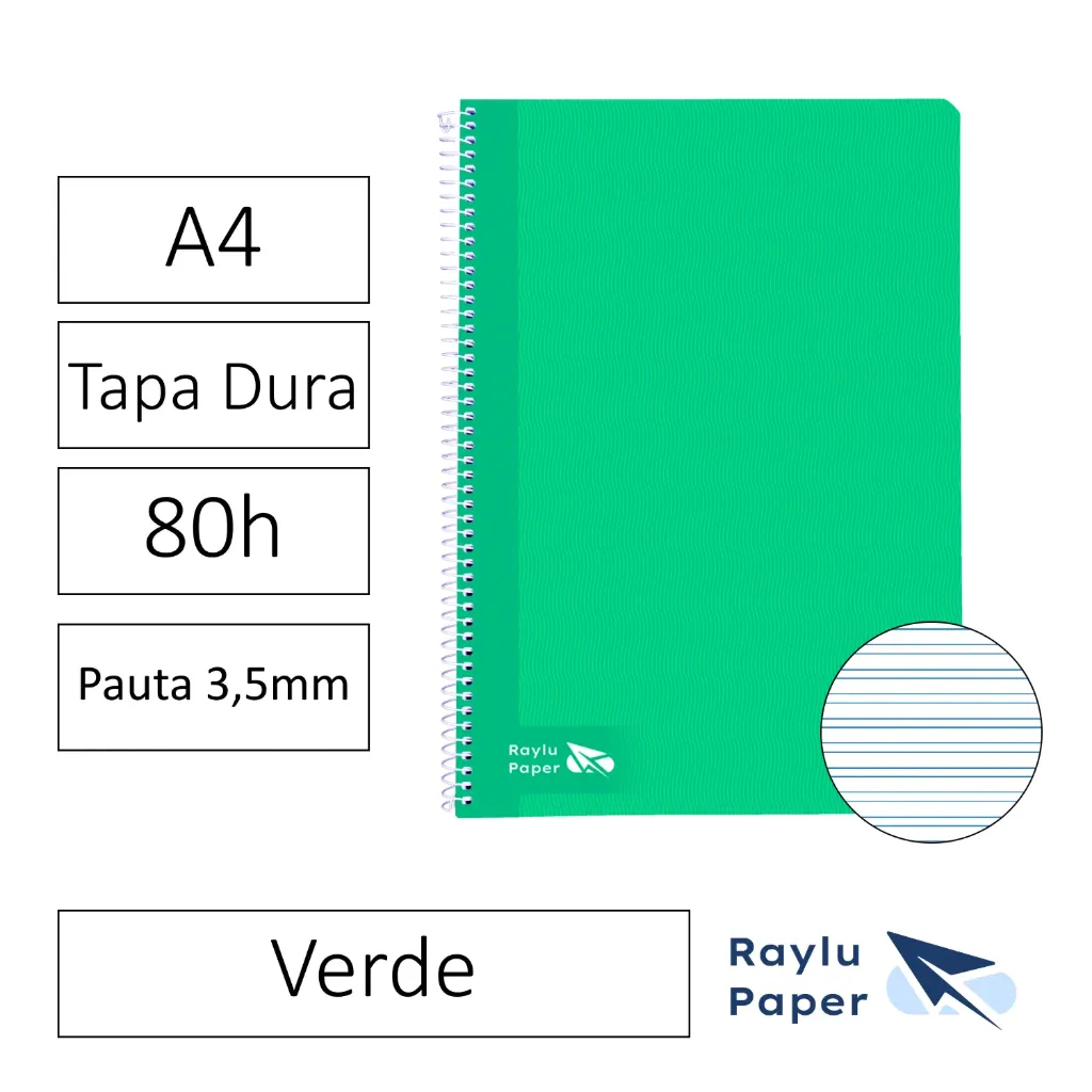 [004016] BLOC ESPIRAL A4 80h 70gr PAUTA 3,5 TAPA DURA VERDE