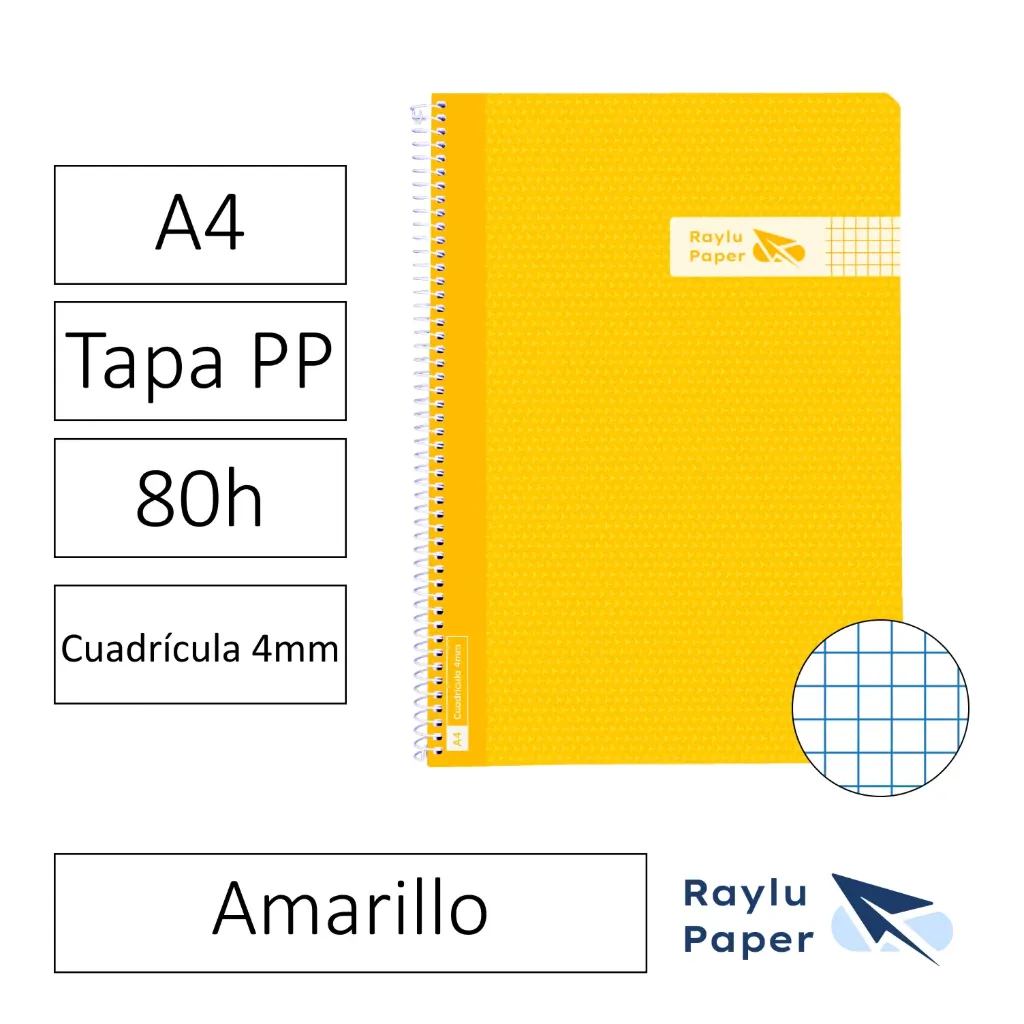 [005002] BLOC ESPIRAL A4 80h 90gr CUADRO 4x4 TAPA POLIPROPILENO AMARILLO