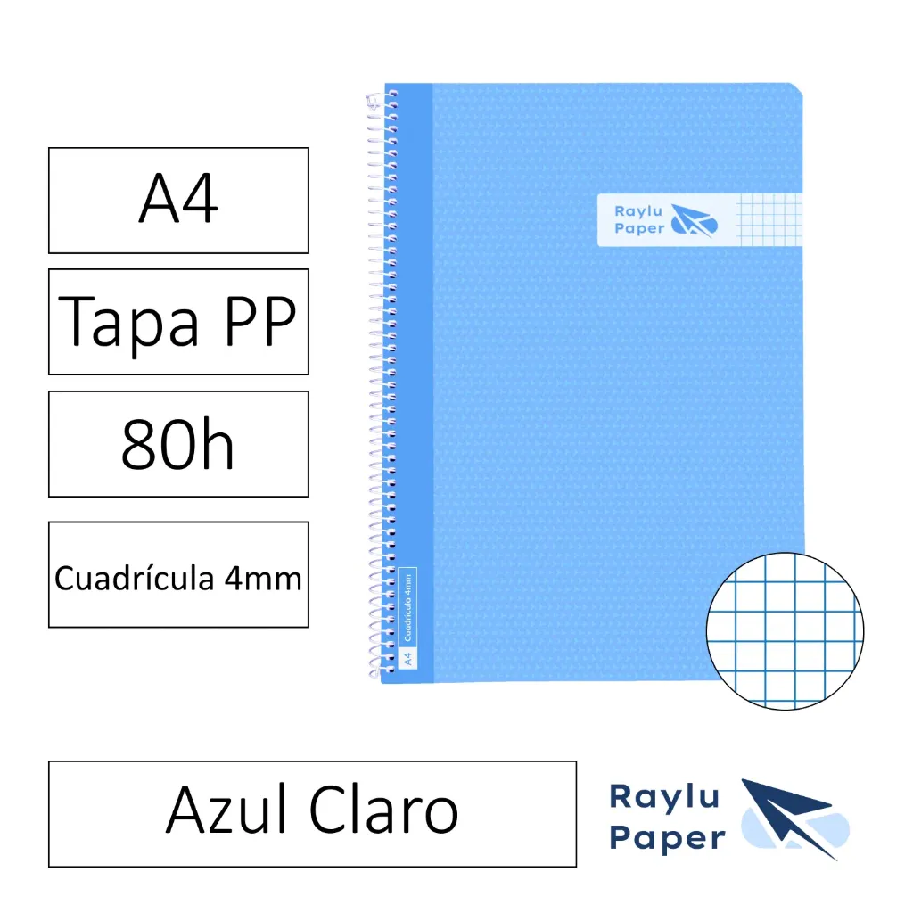 [005007] BLOC ESPIRAL A4 80h 90gr CUADRO 4x4 TAPA POLIPROPILENO AZUL CLARO