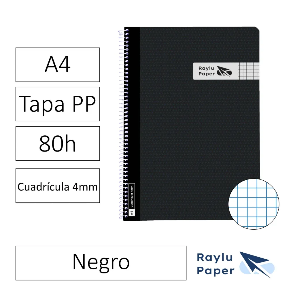 [005006] BLOC ESPIRAL A4 80h 90gr CUADRO 4x4 TAPA POLIPROPILENO NEGRO