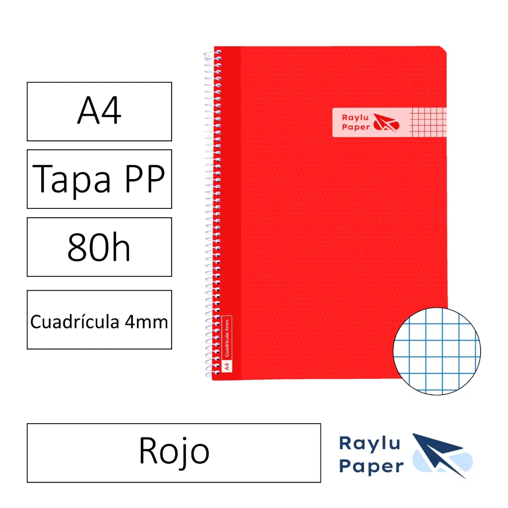 [005004] BLOC ESPIRAL A4 80h 90gr CUADRO 4x4 TAPA POLIPROPILENO ROJO