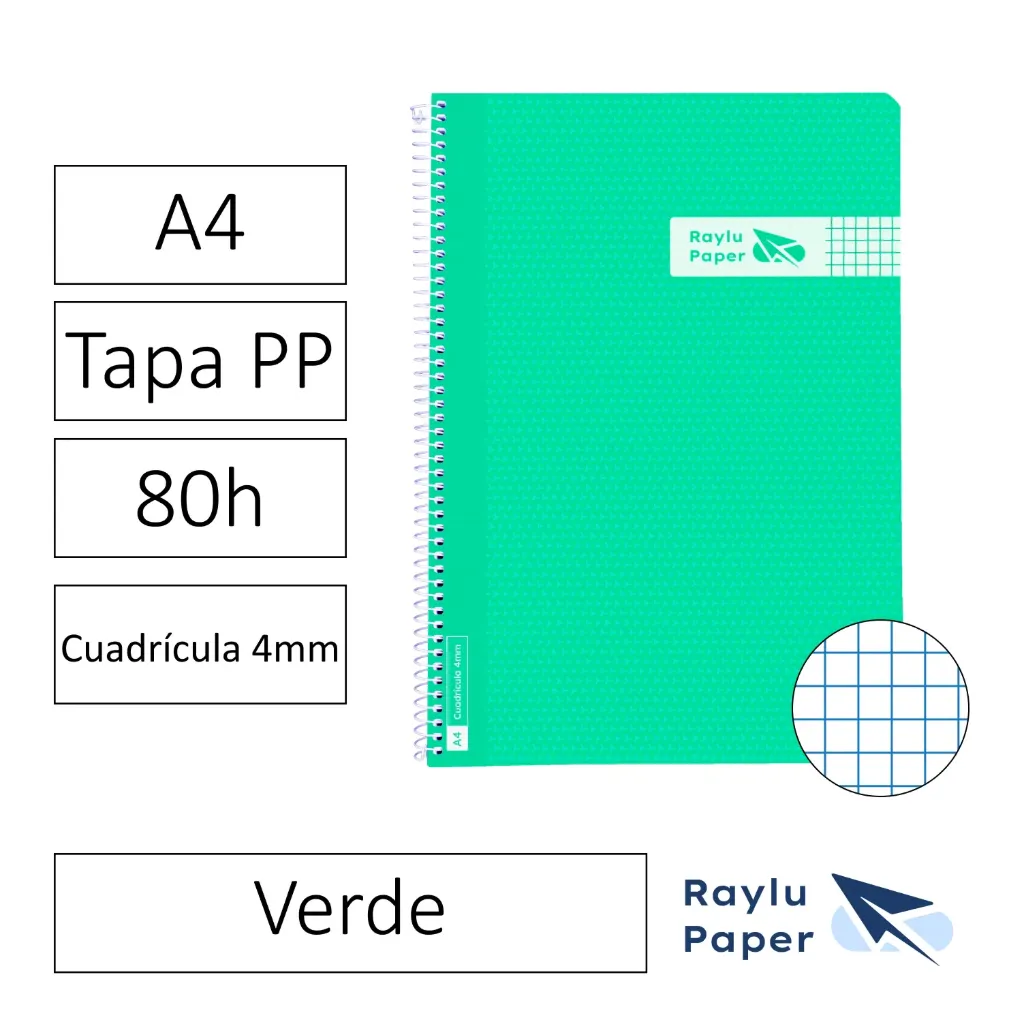 [005005] BLOC ESPIRAL A4 80h 90gr CUADRO 4x4 TAPA POLIPROPILENO VERDE