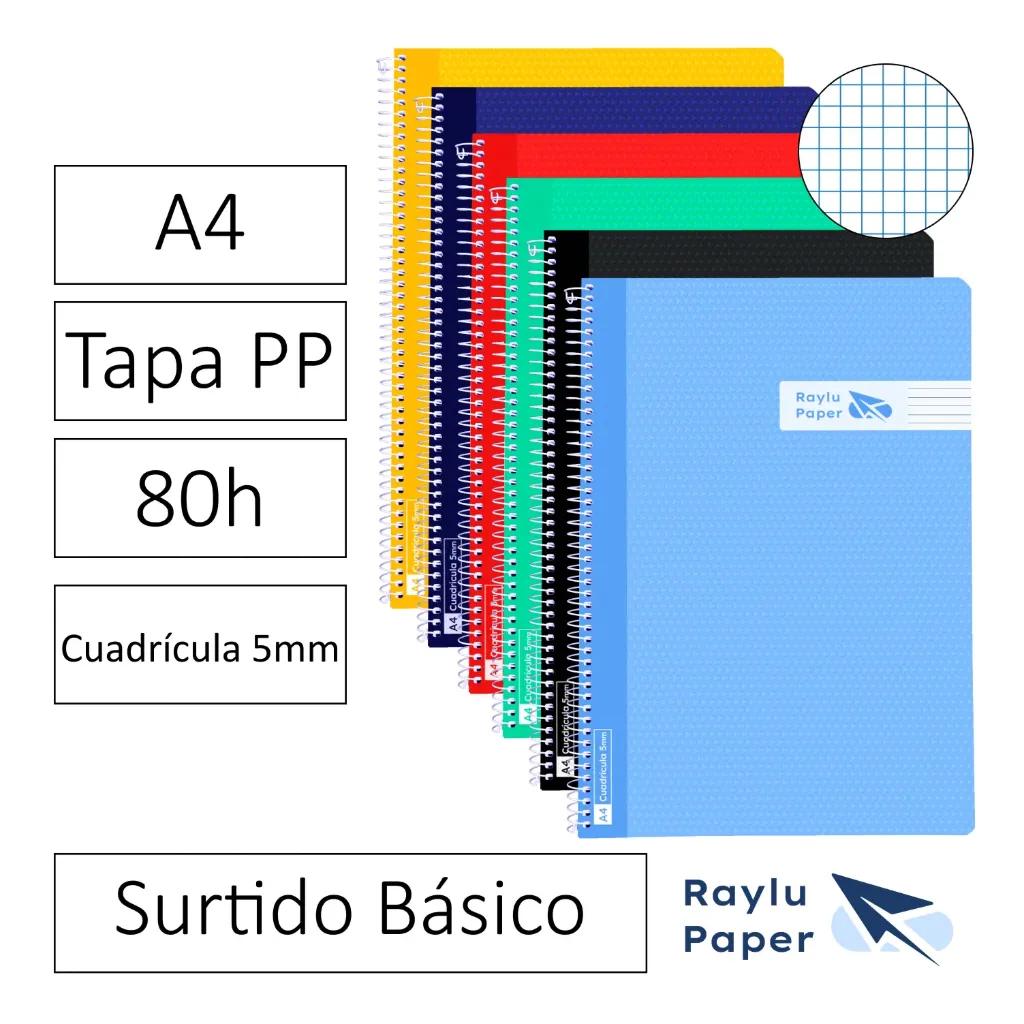 [002766] BLOC ESPIRAL A4 80h 90gr CUADRO 5x5 TAPA POLIPROPILENO SURTIDO Pack 6