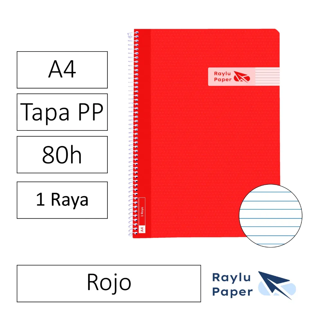 [005010] BLOC ESPIRAL A4 80h 90gr HORIZONTAL TAPA POLIPROPILENO ROJO