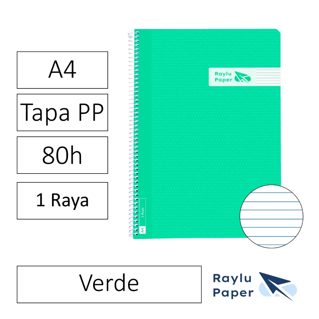 [005011] BLOC ESPIRAL A4 80h 90gr HORIZONTAL TAPA POLIPROPILENO VERDE