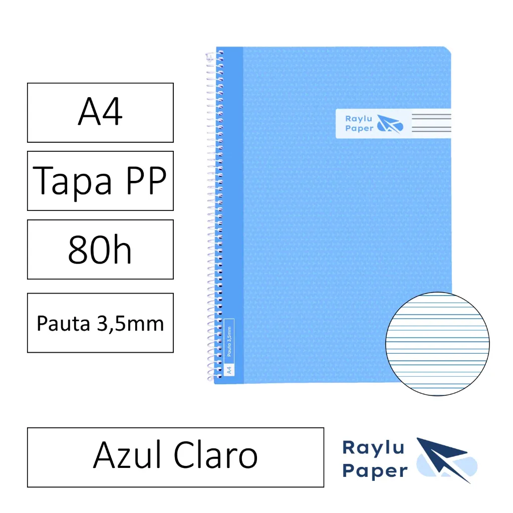 [005019] BLOC ESPIRAL A4 80h 90gr PAUTA 3,5 TAPA POLIPROPILENO AZUL CLARO