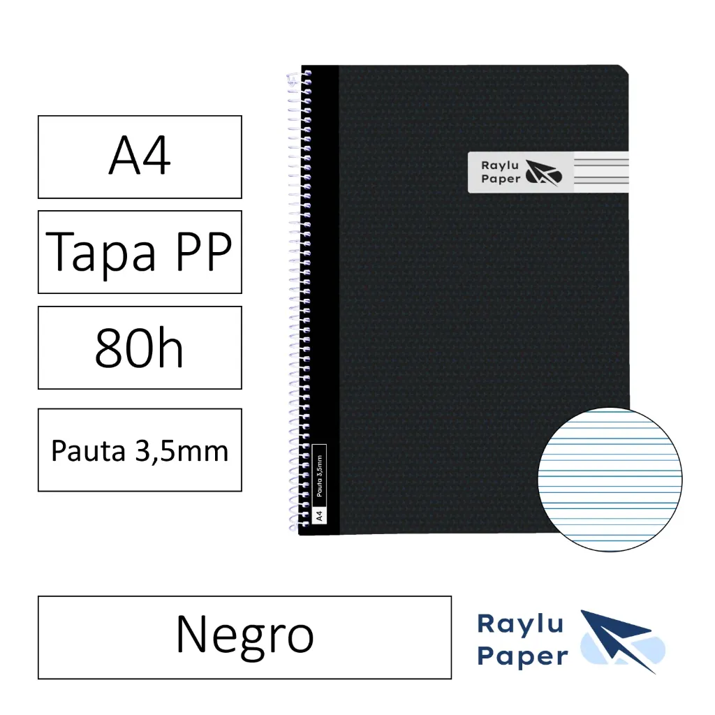 [005018] BLOC ESPIRAL A4 80h 90gr PAUTA 3,5 TAPA POLIPROPILENO NEGRO