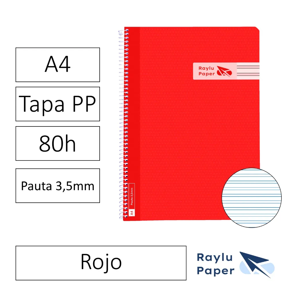 [005016] BLOC ESPIRAL A4 80h 90gr PAUTA 3,5 TAPA POLIPROPILENO ROJO