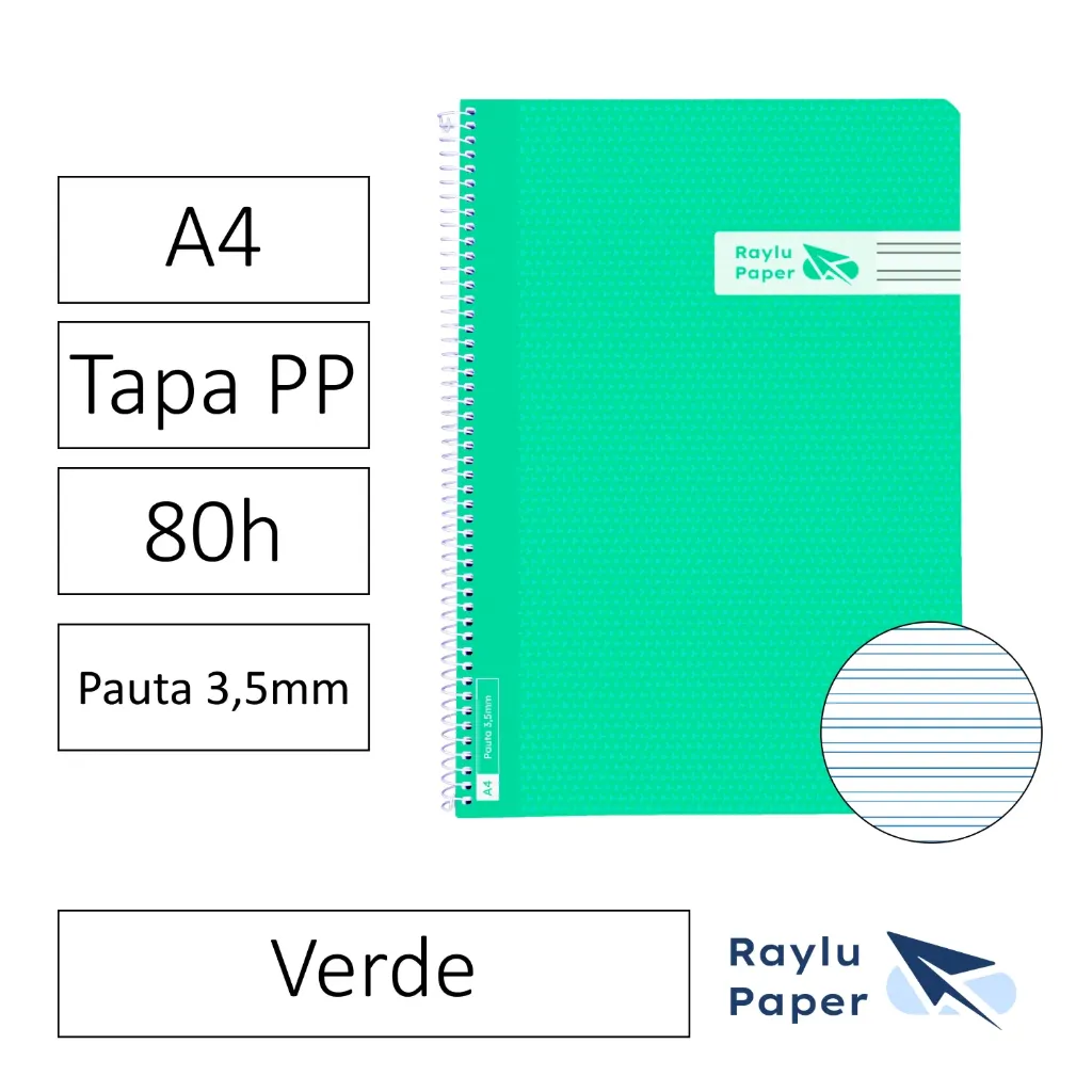 BLOC ESPIRAL A4 80h 90gr PAUTA 3,5 TAPA POLIPROPILENO VERDE