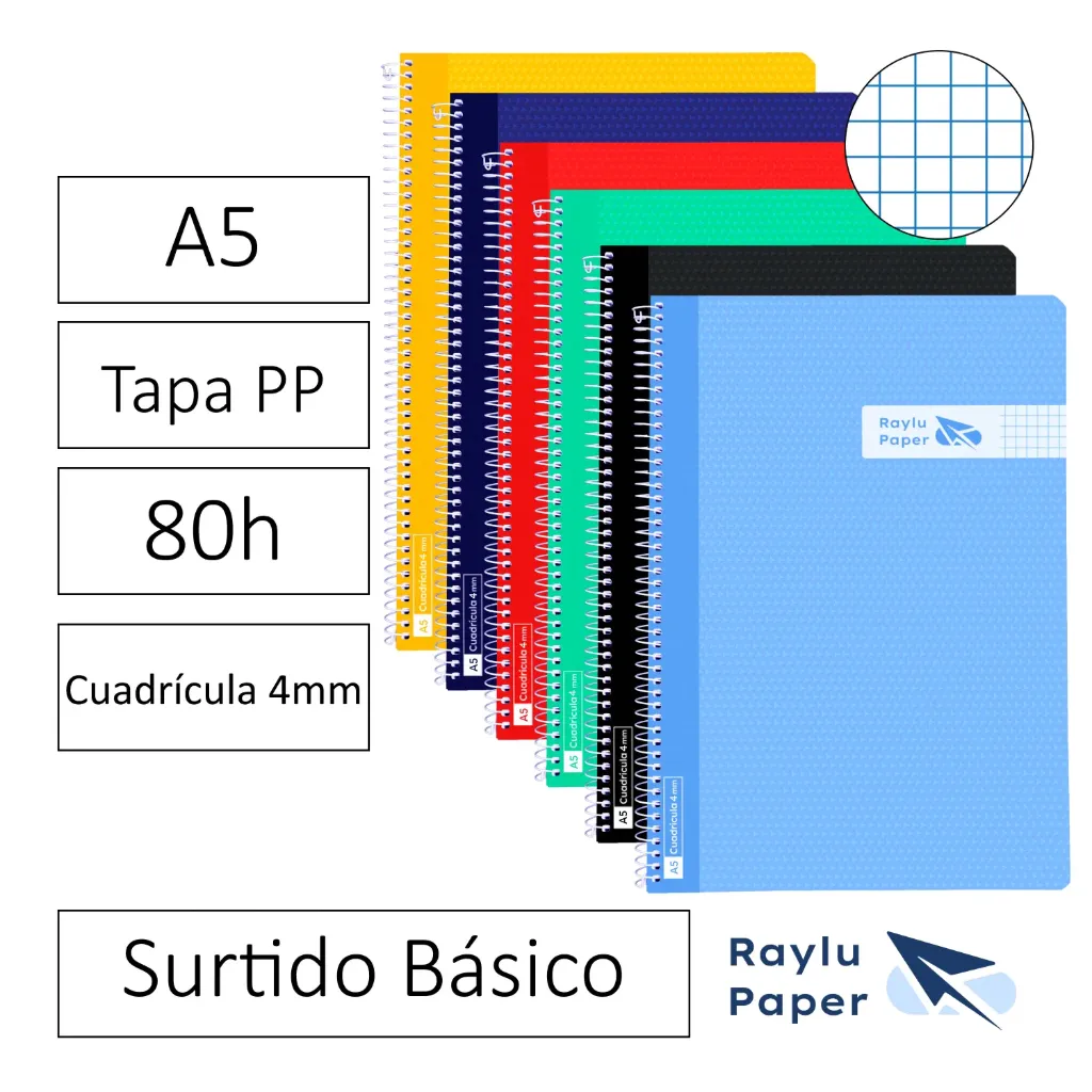 [002434] BLOC ESPIRAL A5 80h 90gr CUADRO 4x4 TAPA POLIPROPILENO SURTIDO Pack 6