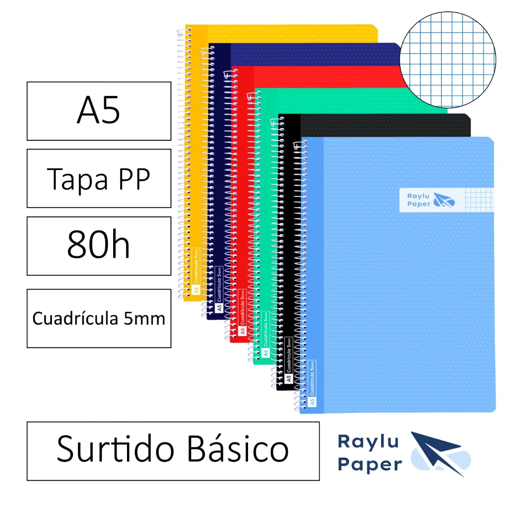 [005020] BLOC ESPIRAL A5 80h 90gr CUADRO 5x5 TAPA POLIPROPILENO SURTIDO Pack 6