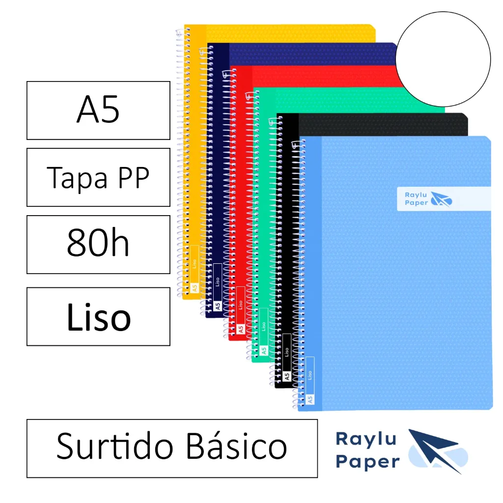 [002549] BLOC ESPIRAL A5 80h 90gr LISO TAPA POLIPROPILENO SURTIDO Pack 6