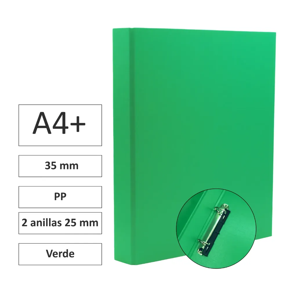 [180766] CARPETA CARTÓN FORRADO A4+ 2 ANILLAS 25mm VERDE
