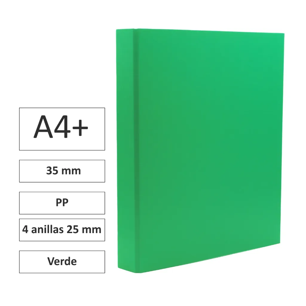 [180774] CARPETA CARTÓN FORRADO A4+ 4 ANILLAS 25mm VERDE