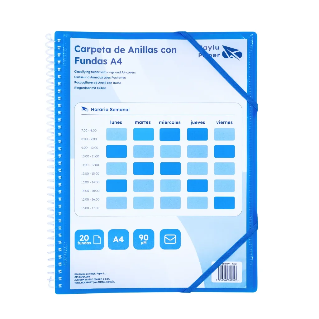 [180759] CARPETA DE FUNDAS PERSONALIZABLE CON ESPIRAL A4 20 FUNDAS AZUL