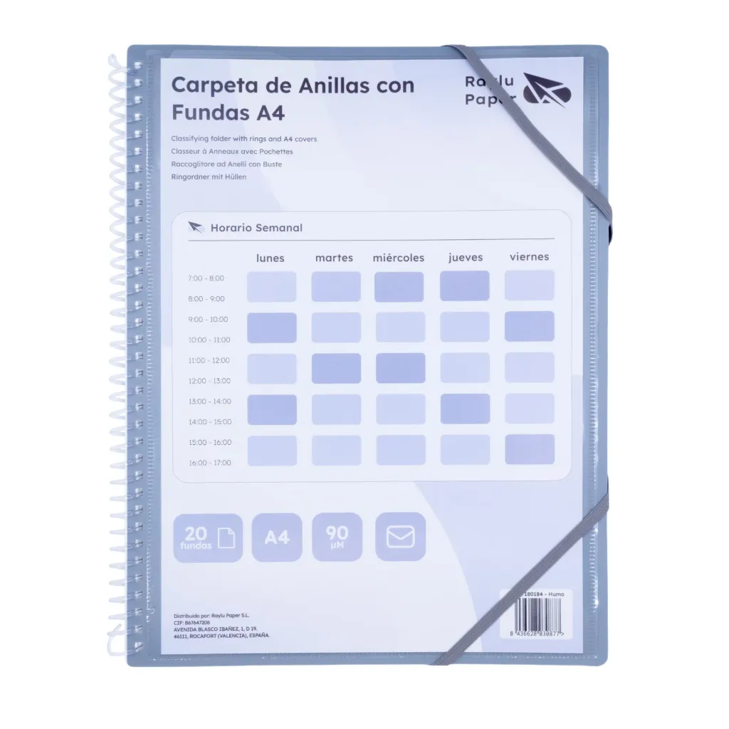 [180184] CARPETA DE FUNDAS PERSONALIZABLE CON ESPIRAL A4 20 FUNDAS HUMO