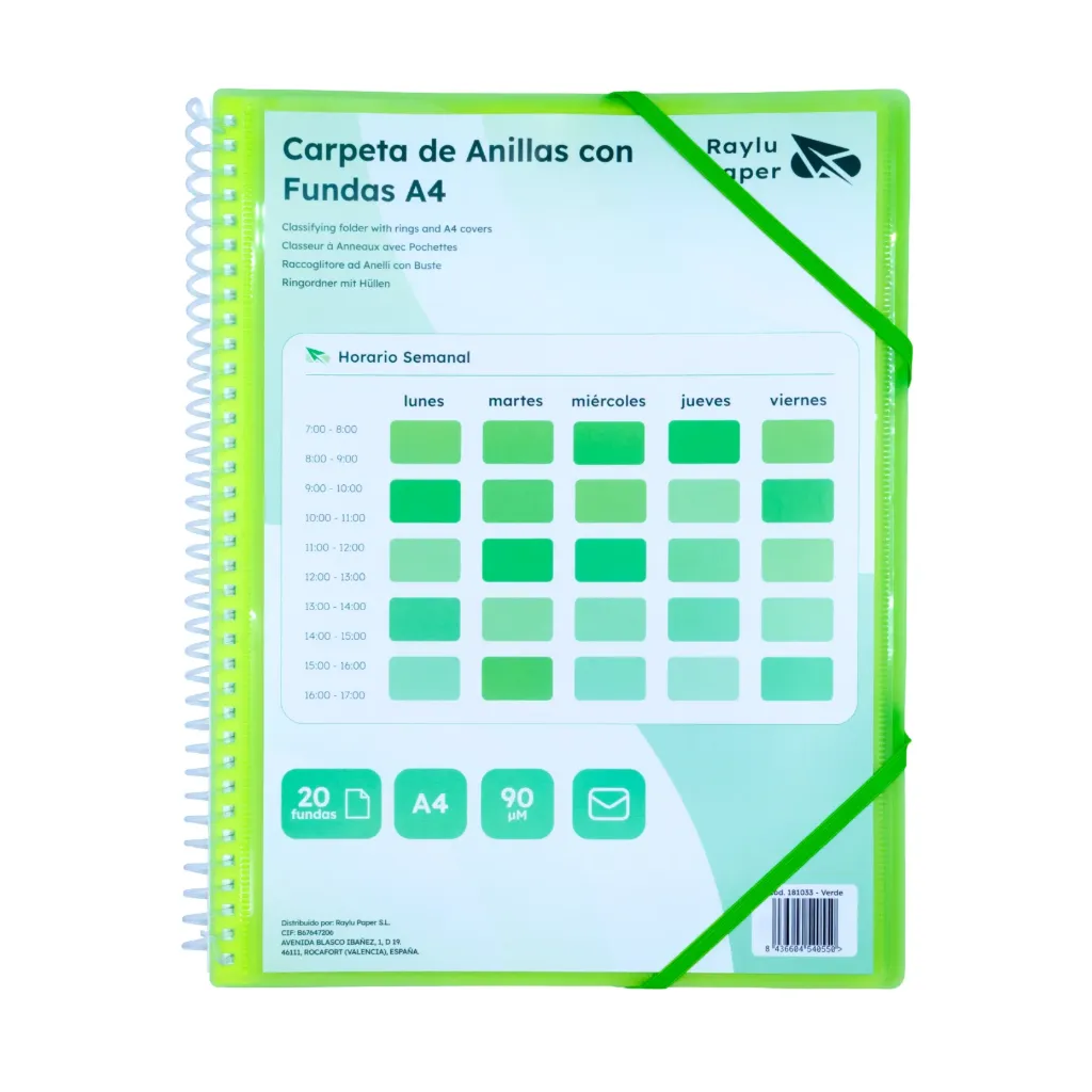 [181033] CARPETA DE FUNDAS PERSONALIZABLE CON ESPIRAL A4 20 FUNDAS VERDE