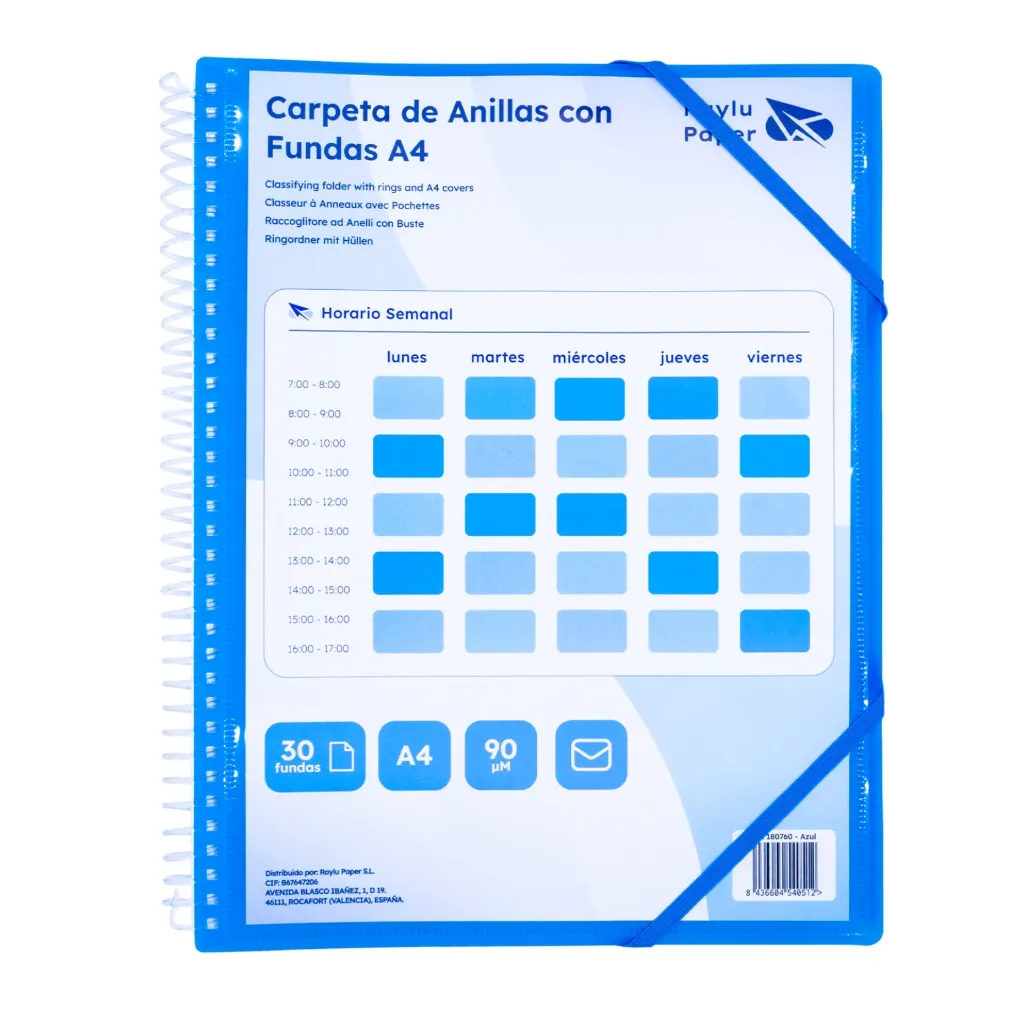 [180760] CARPETA DE FUNDAS PERSONALIZABLE CON ESPIRAL A4 30 FUNDAS AZUL