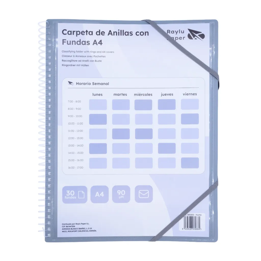 [180202] CARPETA DE FUNDAS PERSONALIZABLE CON ESPIRAL A4 30 FUNDAS HUMO