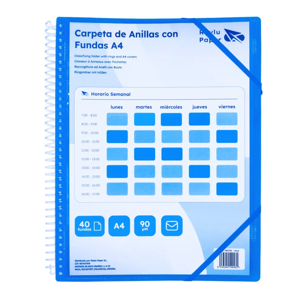[180761] CARPETA DE FUNDAS PERSONALIZABLE CON ESPIRAL A4 40 FUNDAS AZUL