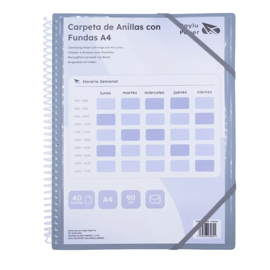 [180203] CARPETA DE FUNDAS PERSONALIZABLE CON ESPIRAL A4 40 FUNDAS HUMO