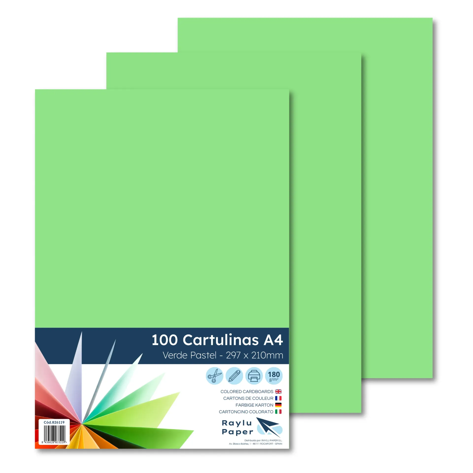 [826119] CARTULINA A4 RAYLU VERDE PASTEL PAQUETE DE 100u