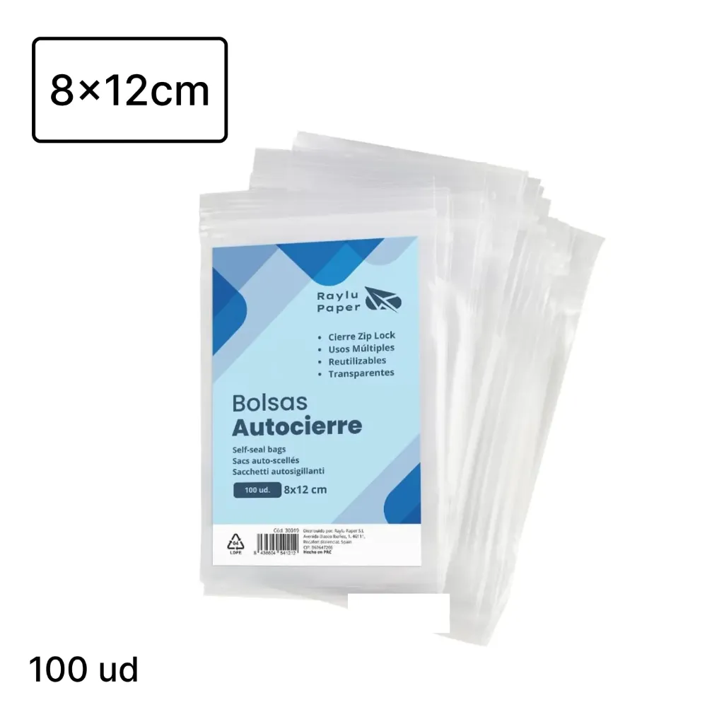 BOLSA CON AUTOCIERRE TIPO ZIP 8x12m Pack 100u