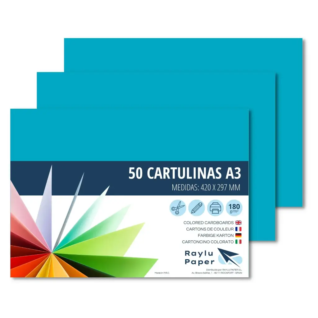 [630743] CARTULINA A3 RAYLU AZUL TURQUESA PAQUETE DE 50u