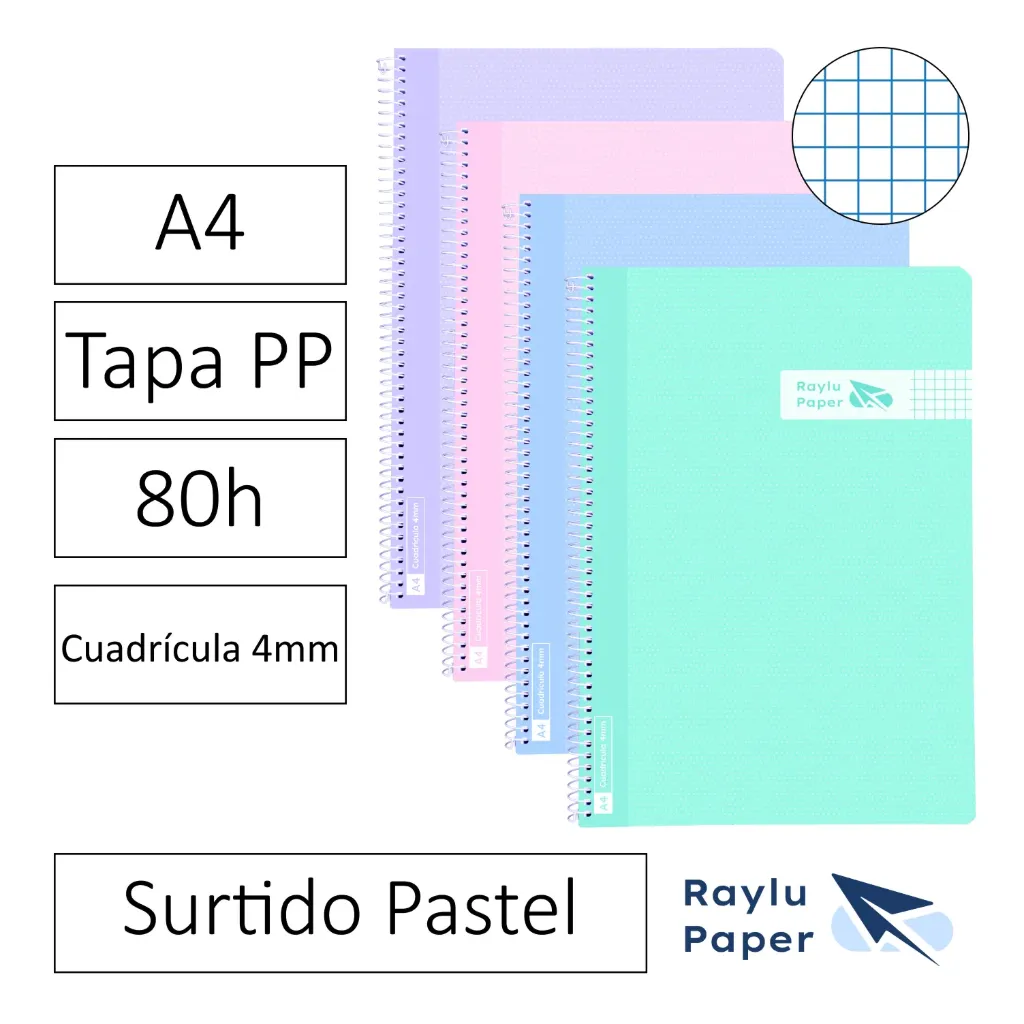 BLOC ESPIRAL A4 80h 90gr CUADRO 4x4 TAPA POLIPROPILENO SURTIDO PASTEL Pack 6