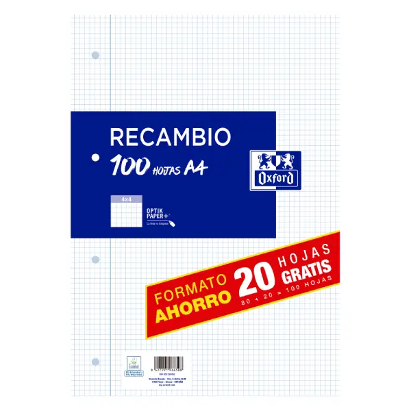 RECAMBIO A4 OXFORD 100+20 HOJAS CUADRO 4x4 90gr