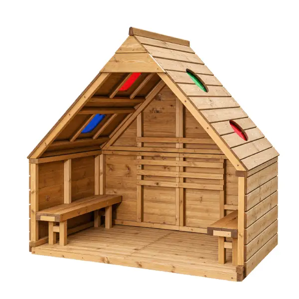 REFUGIO DE MADERA CON BANCOS PARA LECTURA Y JUEGO EXTERIOR